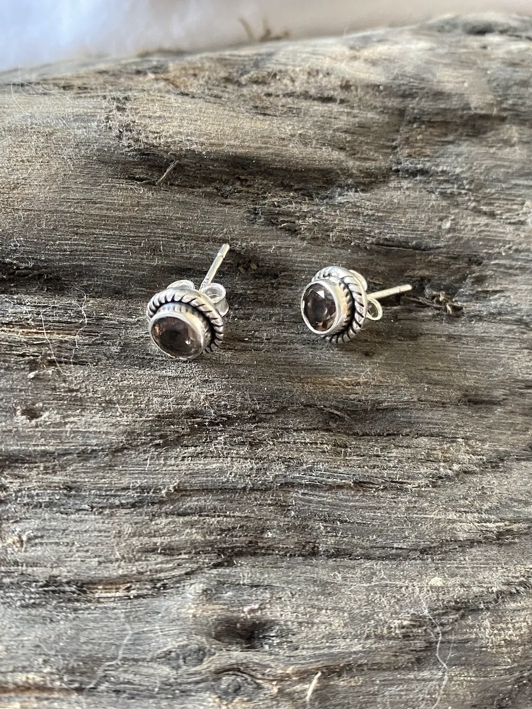 Solid Silver Smoky Quartz Round Stud Earrings