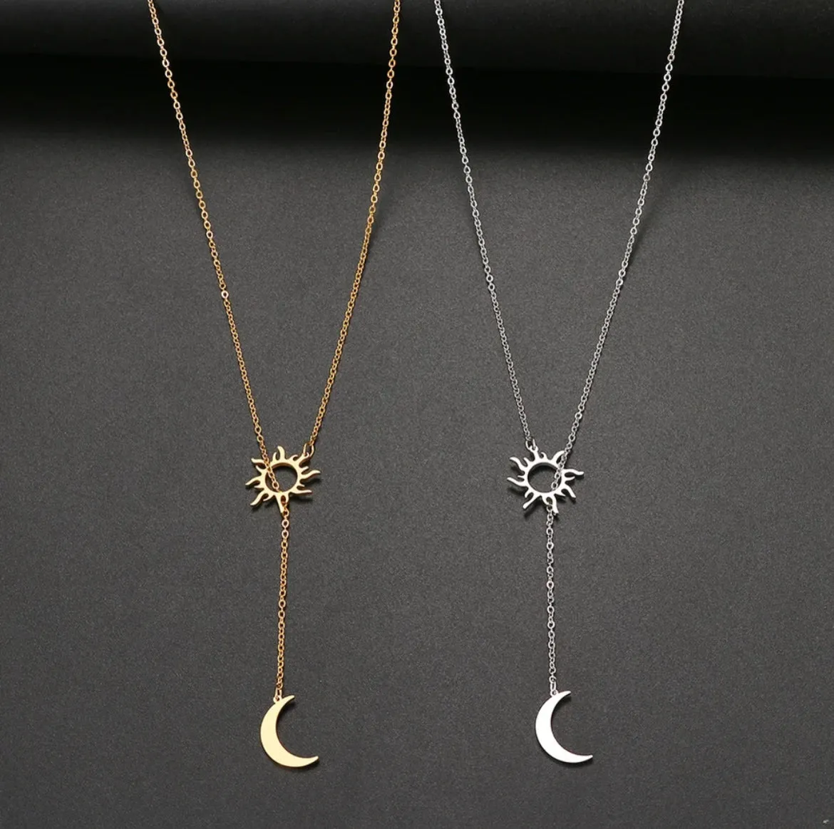 Stainless Steel Silver or Gold Sun and Moon Necklace