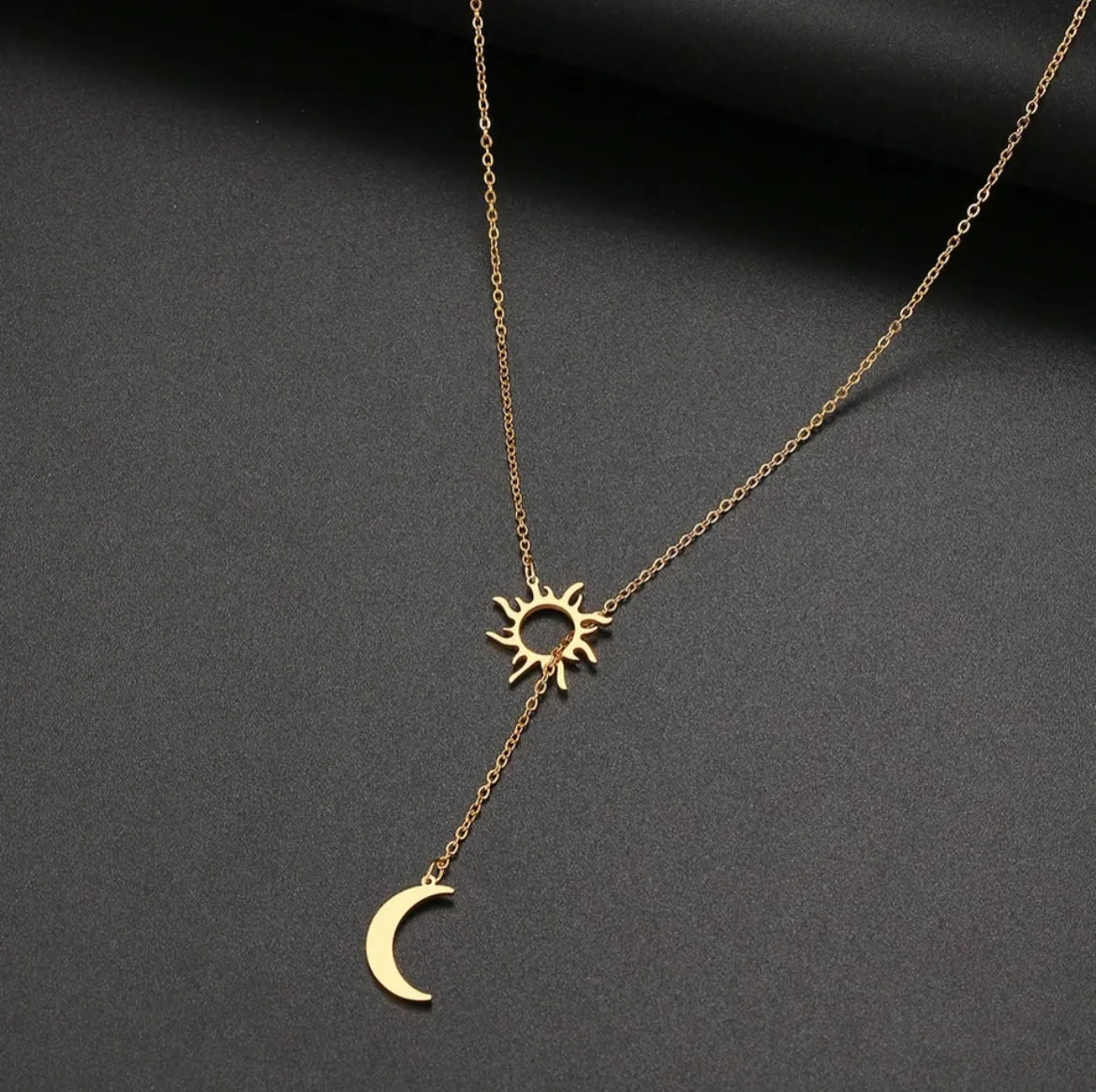 Stainless Steel Silver or Gold Sun and Moon Necklace