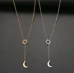 Stainless Steel Silver or Gold Sun and Moon Necklace