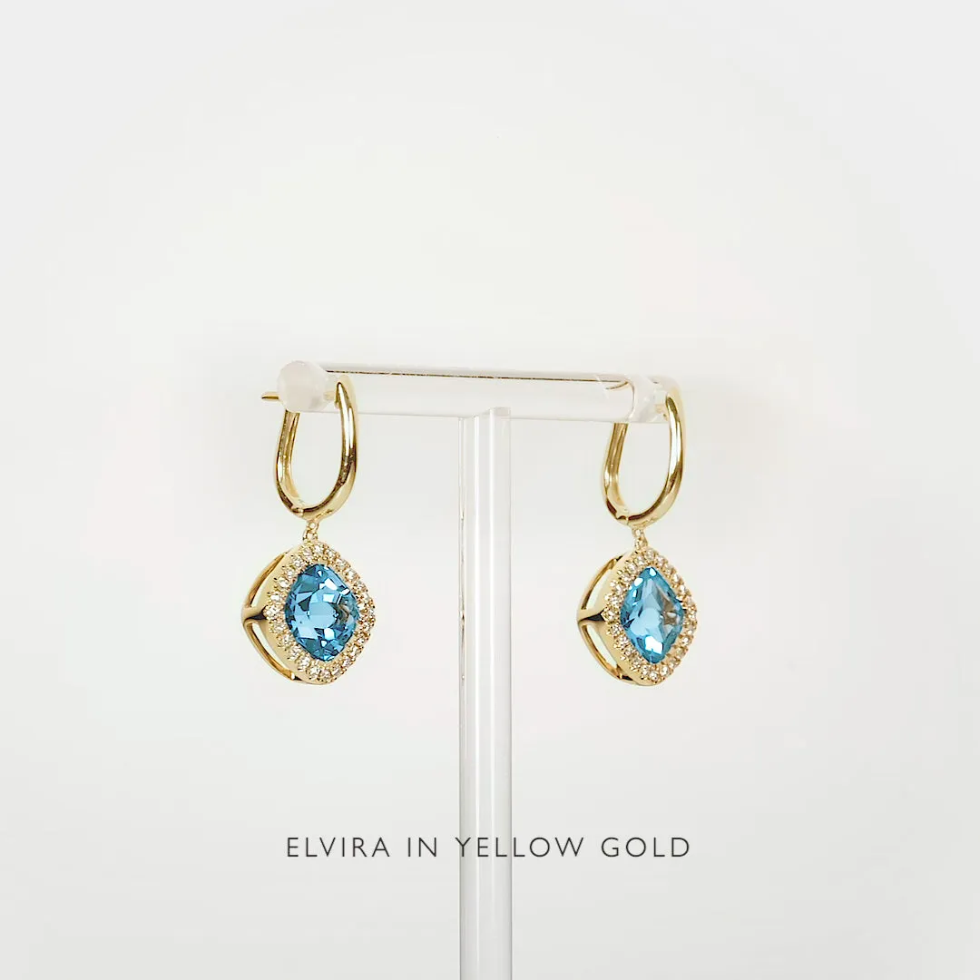 Swiss Blue Topaz and Diamond Halo Drop Earrings 14k Gold - Elvira