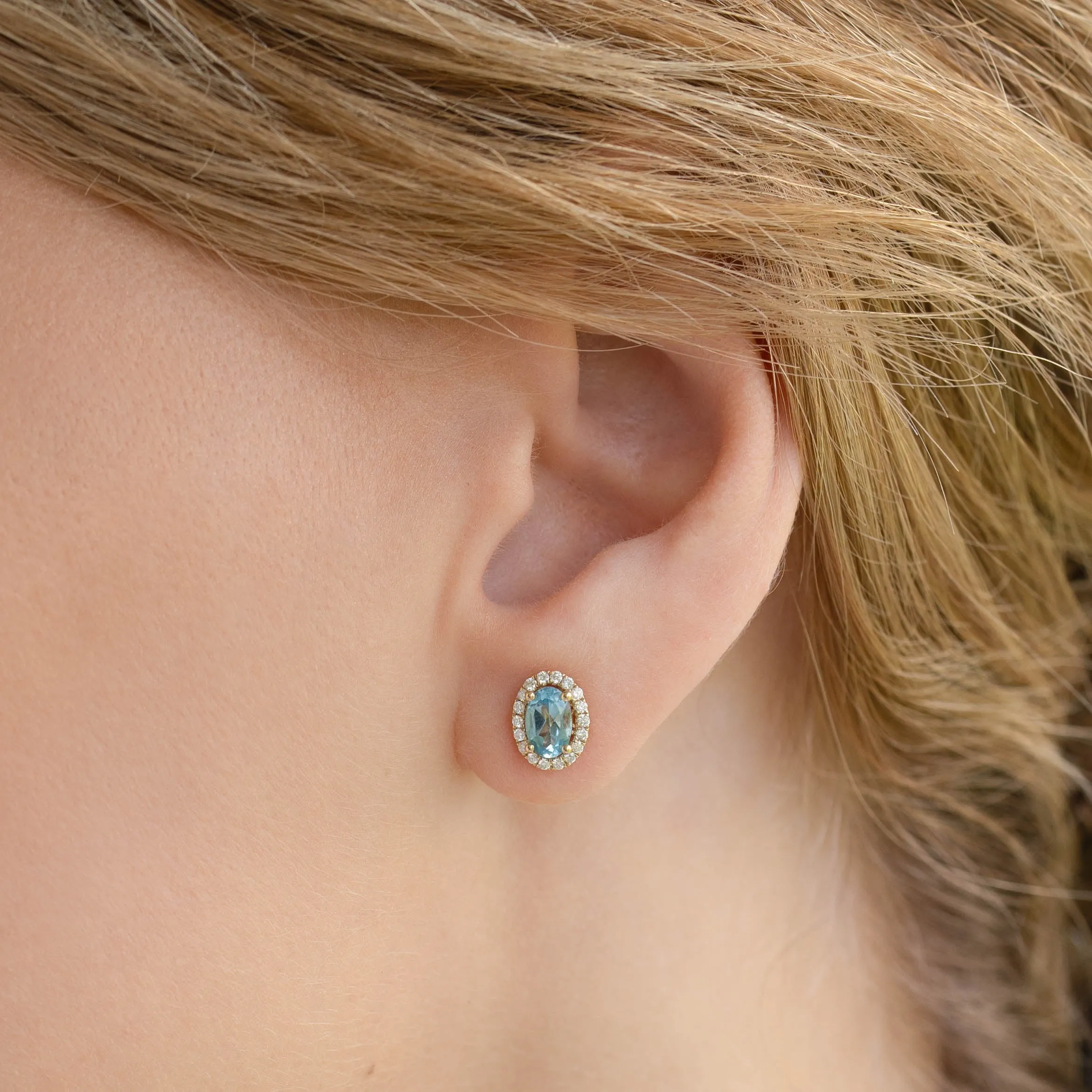 Swiss Blue Topaz Halo Stud Earrings 14k Gold - Marzia