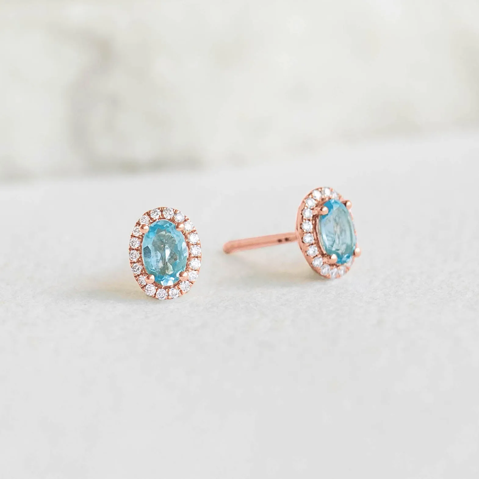 Swiss Blue Topaz Halo Stud Earrings Rose Gold - Marzia