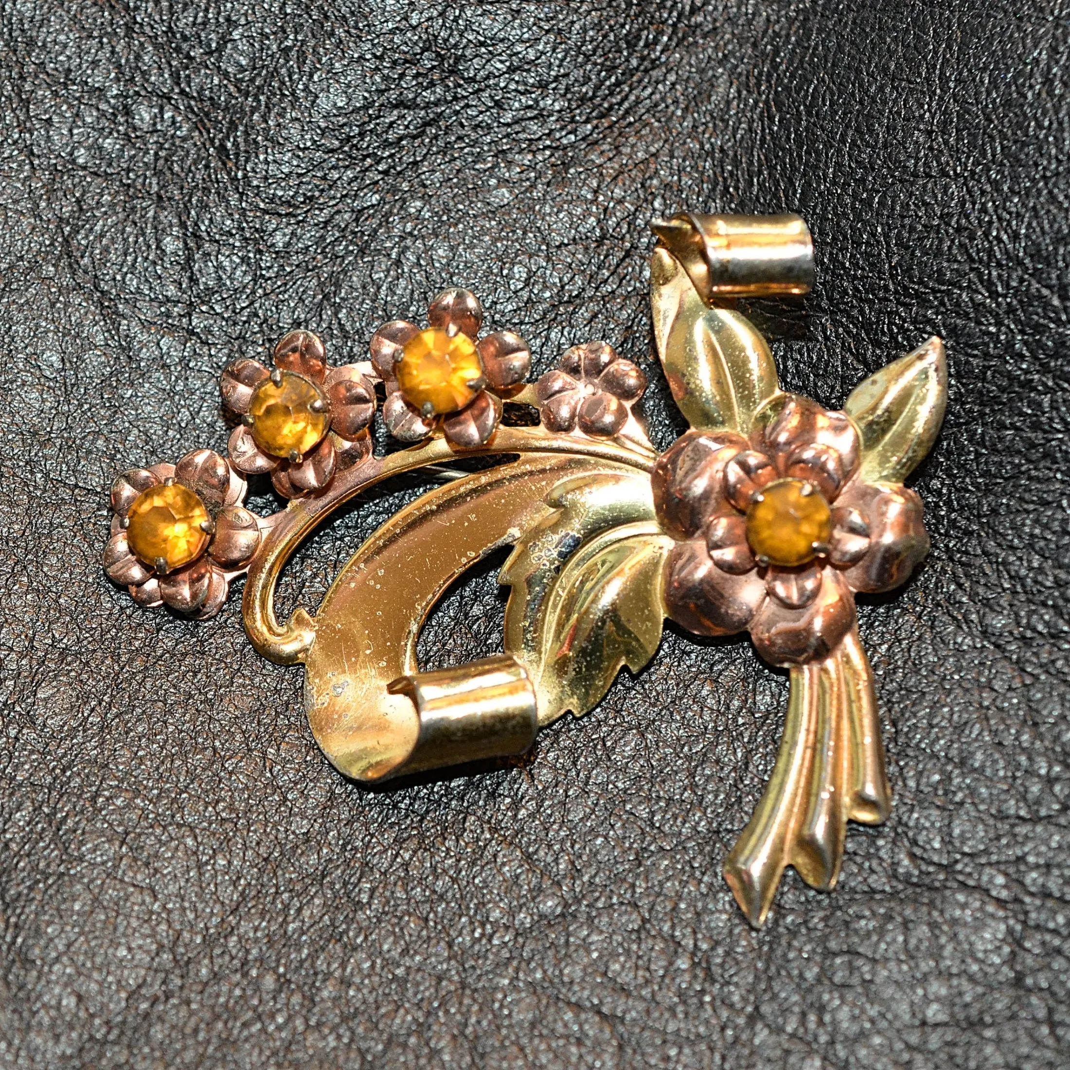 Vintage 40s Gold Vermeil Over Sterling, Floral Spray Brooch with Rhinestones