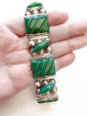 Vintage 40s Mexican 925 Sterling Silver Bracelet   Green Onyx Stones 64.4 Grams