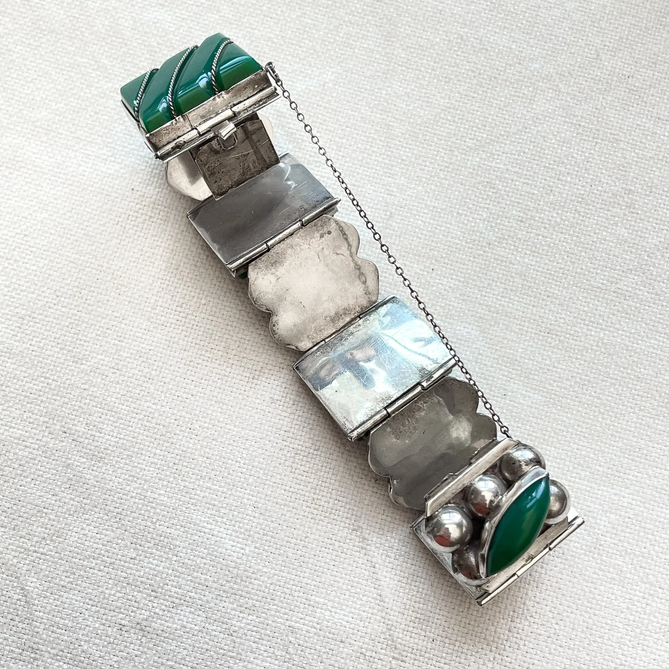 Vintage 40s Mexican 925 Sterling Silver Bracelet   Green Onyx Stones 64.4 Grams