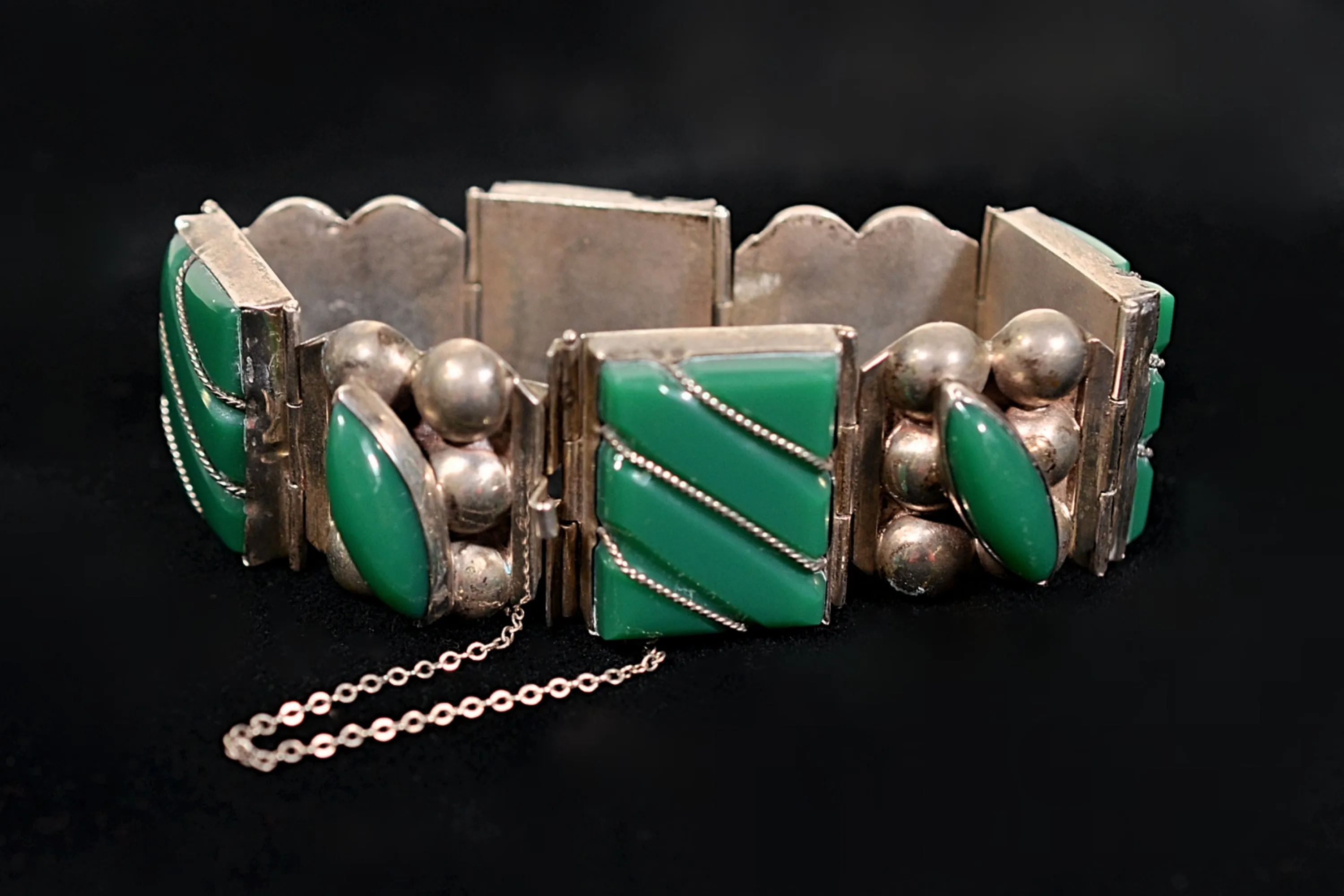 Vintage 40s Mexican 925 Sterling Silver Bracelet   Green Onyx Stones 64.4 Grams