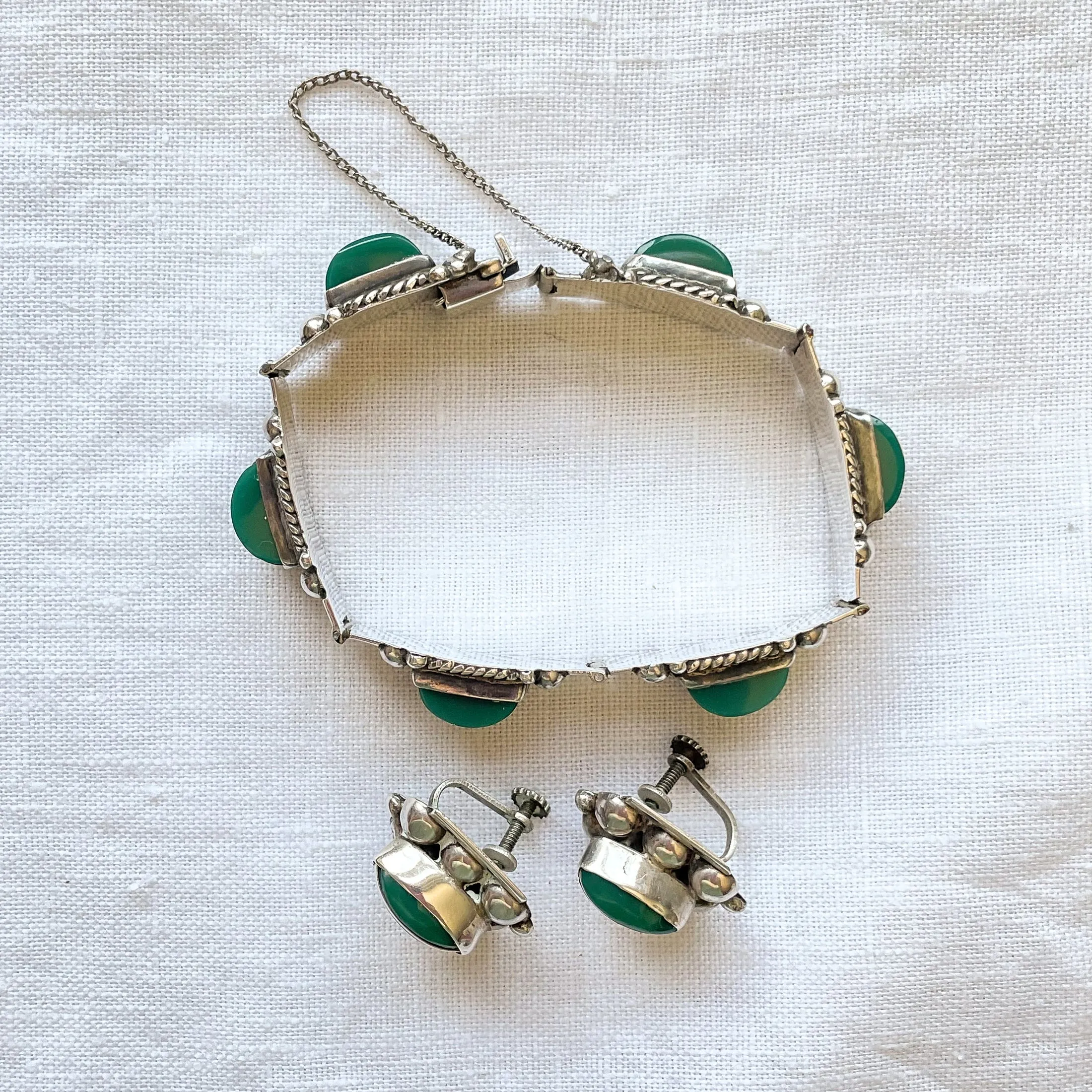 Vintage 40s Mexican Sterling Silver/Green Onyx Bracelet & Earring Set, Mexican Silver Demi Parure