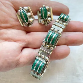 Vintage 40s Mexican Sterling Silver/Green Onyx Bracelet & Earring Set, Mexican Silver Demi Parure