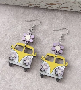 Vintage Yellow and Purple Flower School Bus Earrings