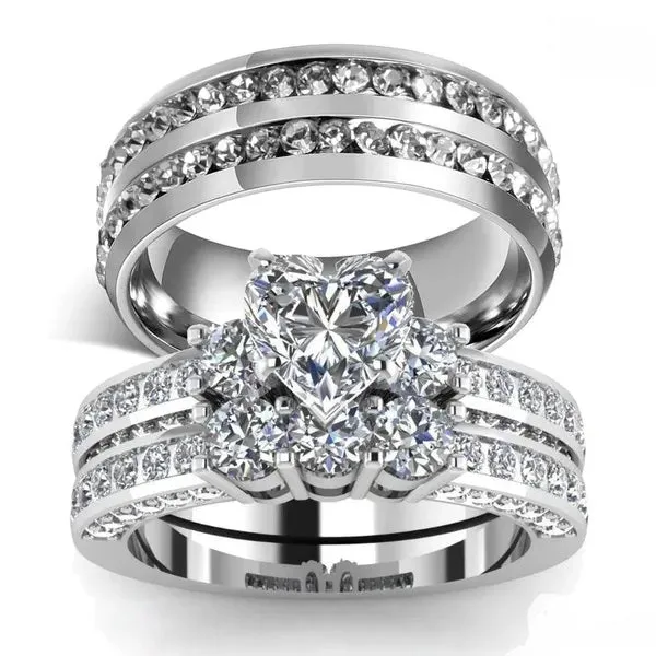 Women's 925 Sterling Silver Diamond Heart Bridal Wedding Engagement Ring Set