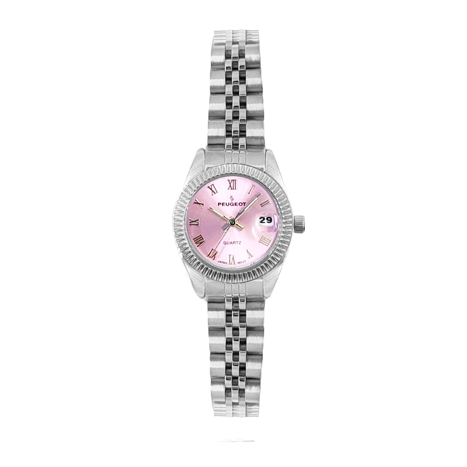 Women's Silver-Tone 26mm Fluted Bezel Steel Bracelet Watch with Pink Dial